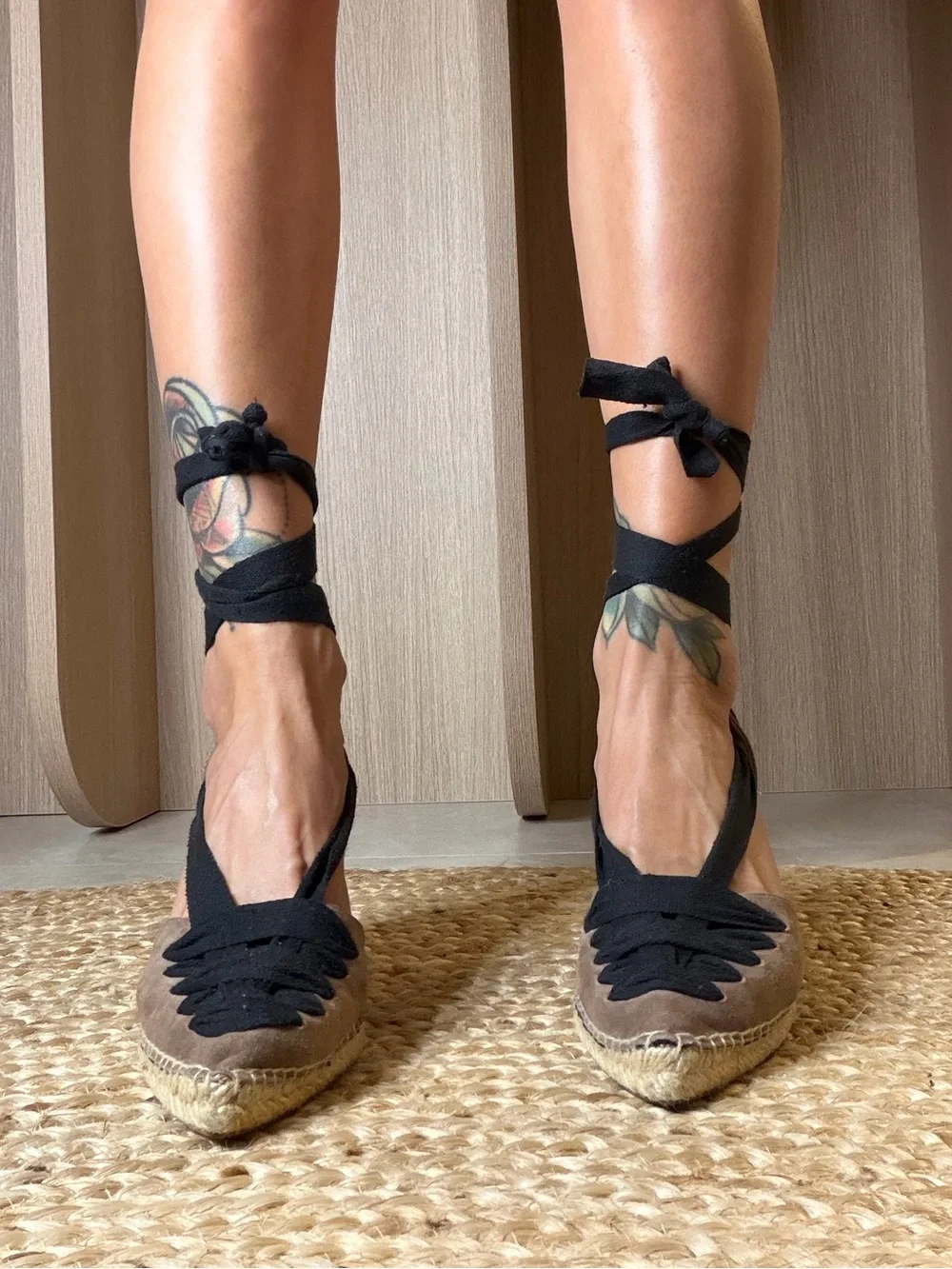 Women’s Lace-Up Espadrille Wedge Sandals in Taupe and Black